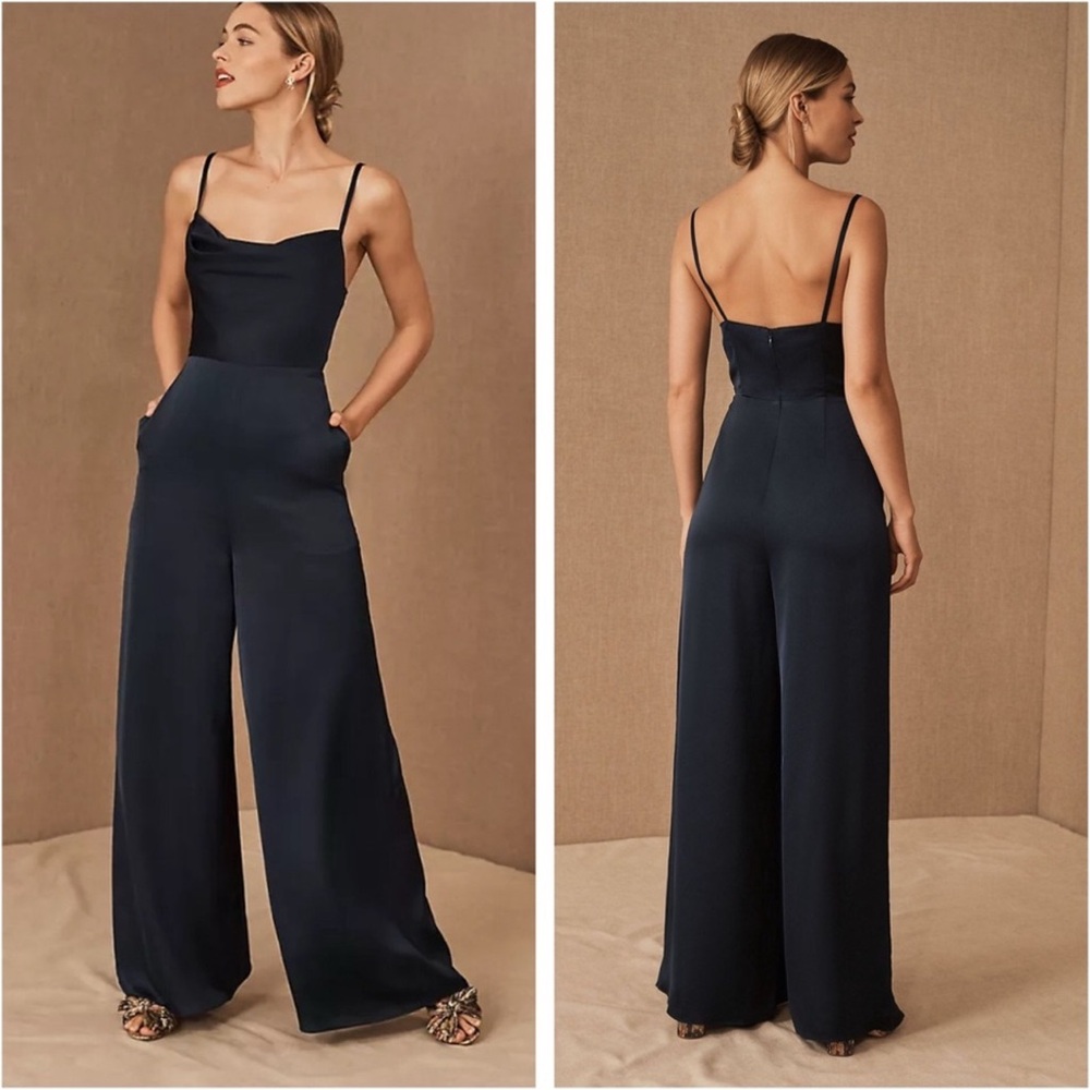 BHLDN Fame and Partners Thais Satin Jumpsuit sz 8 new with wide leg formal navy